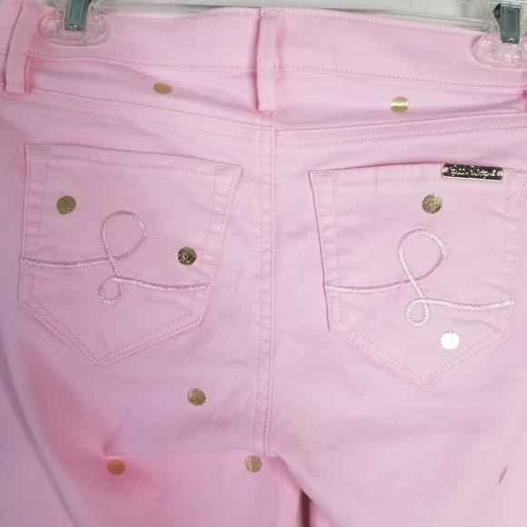Lilly Pulitzer South Ocean Crop Flare Pink Tropics Polka Dot Denim Jeans Size 2 - Picture 14 of 15